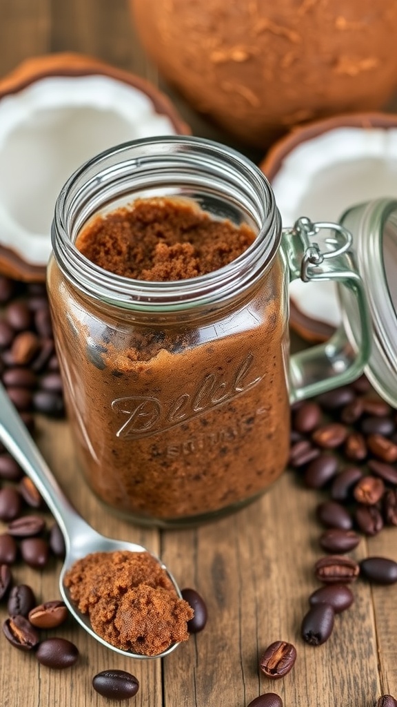 Coffee scrub in a jar with coffee beans and coconut in the background.
